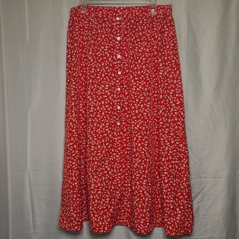 SHEIN Red Floral Maxi Skirt Boho Cottagecore Button Front Summer Chic Size XL